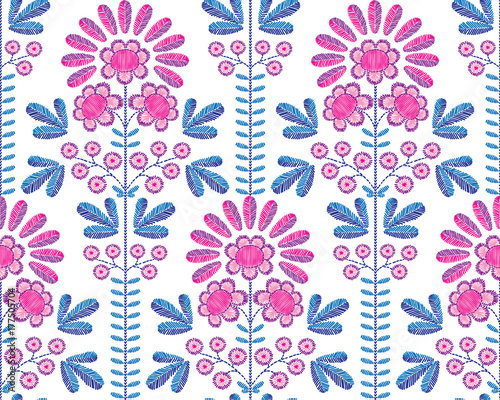 Cotton fabric Vector seamless decorative floral embroidery pattern, ornament for textile decor. Ethnic handmade style background design.
