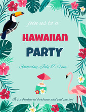 Invitation With Cocktail, Hibiscus Flowers And Palm Leaves. Invitation, Banner, Card, Poster, Flyer