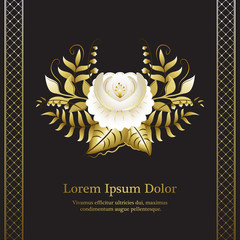 Poster - White and gold ornamental flowers on black background