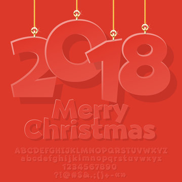 Vector comic greeting card for Merry Christmas with paper toys 2018.Red Font with Graphic style. Set of Alphabet Letters, Numbers, Symbols