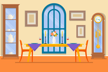 Restaurant or dining room interior.Dining table for date with glasses of wine, flowers and chairs and sideboard. Vector illustration.