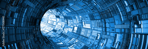 Zdjęcie XXL streszczenie niebieski tunel technologii ze światłem na końcu