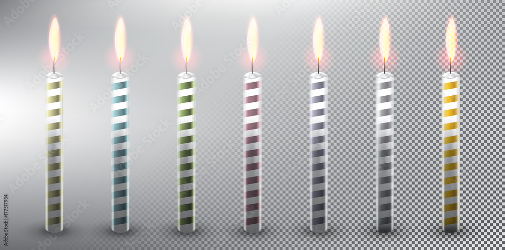Set of 7 colorful vector candles. Birthday cake candles. Realistic and ...