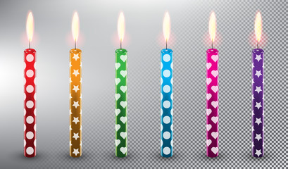 Wall Mural - Set of 6 vector candles. Birthday cake candles. Realistic and isolated with transparent burning flame and shadow on the white background. Vector illustration. Eps10.