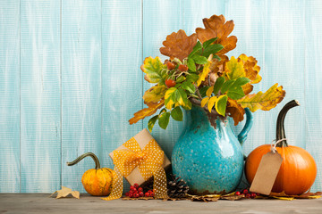 Wall Mural - Thanksgiving background with fall decoration