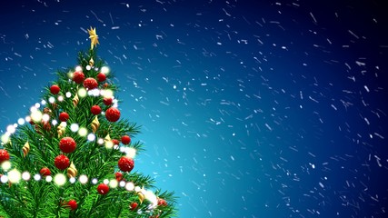 Wall Mural - green Christmas tree over blue background with snowflakes and red balls