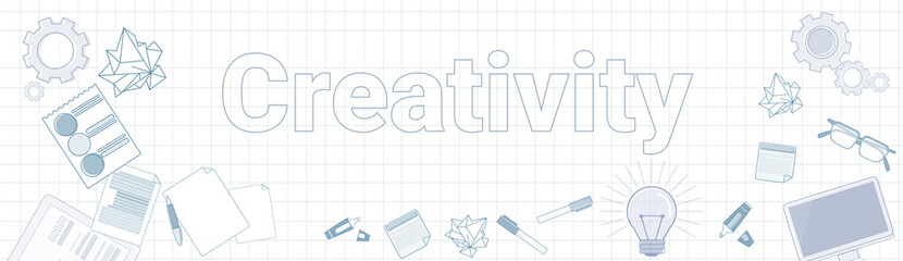 Poster - Creativity Word With Office Stuff Icons On Squared Background Horizontal Banner New Ideas Development Concept Vector Illustration