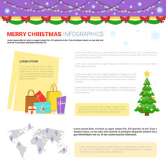 Poster - Merry Christmas Infographic Elements Set, Templates With Text Copy Space, Shopping Bags And World Map Flat Vector Illustration