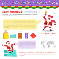 Poster - Merry Christmas Infographic Elements Set, Templates With Text Copy Space, World Map And Snata Holding Present Boxes Flat Vector Illustration
