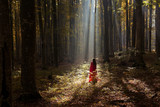 Fototapeta Dziecięca - Red Riding Hood portrait in the autumn foggy forest