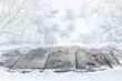 canvas print picture - Verschneiter Holzboden vor Wald mit Winterhimmel und Bokeh, Hintergrund, Weihnachten