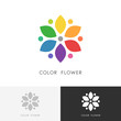 Color flower logo - bright colored blossom with petals or colour wheel symbol. Design, art and creativity vector icon.