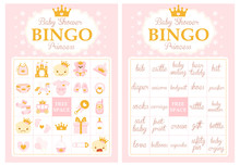 Pink And Gold Princess Baby Shower Party. Bingo Game. Printable Template Cards. Collection Of Baby Girl Vector Elements. Cute Royal Design With Crown.

