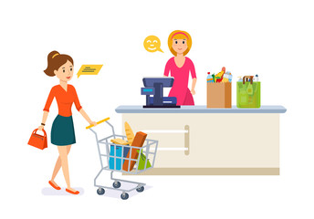 Young woman walking around the store and takes fresh food.