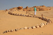 Tourist neben Fossilien eines Walskeletts im Tal der Wale in der Wüste