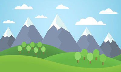 Poster - Vector illustration of a mountain landscape with trees and grass with mountain peaks covered with snow under a blue sky - flat design