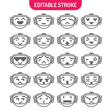 Icons set of robotic faces with various emotion. Collection of robot faces with different expressions. Future technology concept. Vector illustration.