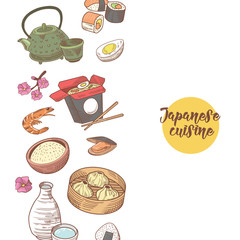 Wall Mural - Japanese Food Hand Drawn Background. Japan Traditional Cuisine. Sushi Bar Menu. Vector illustration