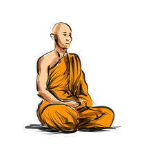 Vector Color Line Sketch Meditating Monk