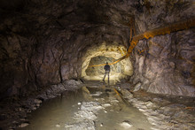 Underground Abandoned Old Mine Shaft Iron Copper Gold Ore Tunnel Gallery With Miner