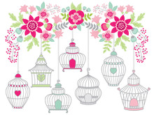 Vector Birdcages Hanging From Blooming Branch