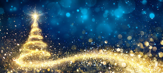 Wall Mural - golden christmas tree in abstract night