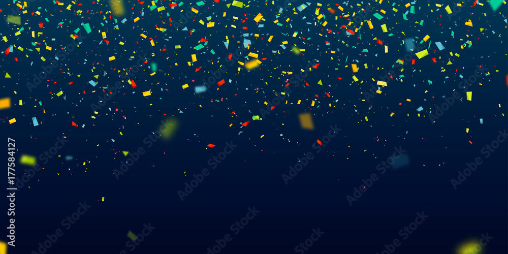 Colorful confetti falling randomly. Abstract dark background with explosion particles. Vector illustration can be used for greeting card, carnival, holiday, celebration. - obrazy, fototapety, plakaty 