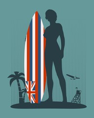 Wall Mural - woman posing with surfboard. human silhouette. vintage surfing graphic and emblem for web design or 