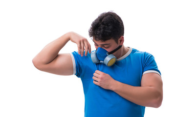 Man sweating excessively smelling bad isolated on white backgrou