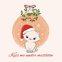 Vintage Merry Christmas Card Design Template Vector. Funny Little Santa Cat In Red Hat Under Mistletoe. Cute New Year Illustration For Holiday Greeting, Party Invitation, Season Banner, Poster.