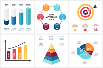 Marketing infographic, cycle diagram, global business graph, presentation chart. 3, 4, 5, 6 options, parts, steps, process. Target market, 3D pyramid, percentage columns.