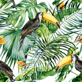 Fototapeta Sypialnia - Seamless watercolor illustration of toucan bird. Ramphastos. Tropical leaves, dense jungle. Strelitzia reginae flower. Hand painted. Pattern with tropic summertime motif. Coconut palm leaves. 