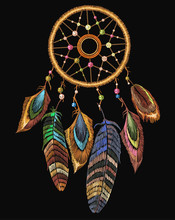 Embroidery Dreamcatcher Boho Native American Indian Talisman Dreamcatcher. Clothes Ethnic Tribal Design. Magic Tribal Feathers. Fashionable Template For Design Of Clothes