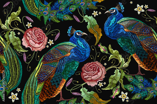 Embroidery peacocks and flowers peonies seamless pattern. Classical fashionab...