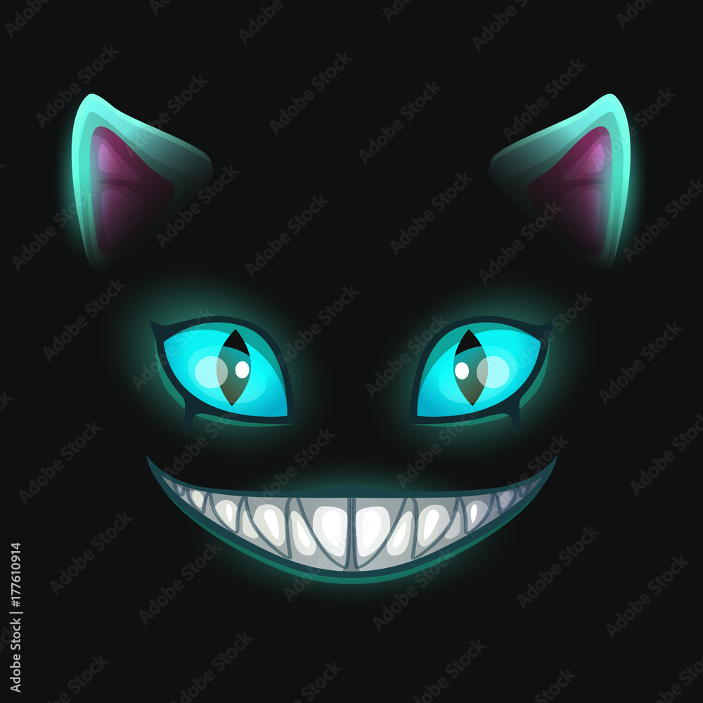 Fantasy scary smiling cat face on black background. - obrazy, fototapety, plakaty 
