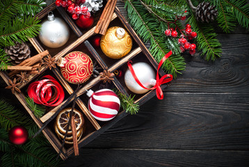 Wall Mural - Traditional christmas decorations on wooden background.