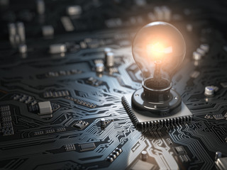Poster - Glowing light bulb as CPU on motherboard circuit board. Idea creativity business concept.
