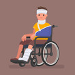 A sick man with injuries and gypsum sits in a wheelchair. Vector illustration