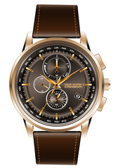 Wall Mural - gold watch chronograph brown leather strap on white background vector illustration.