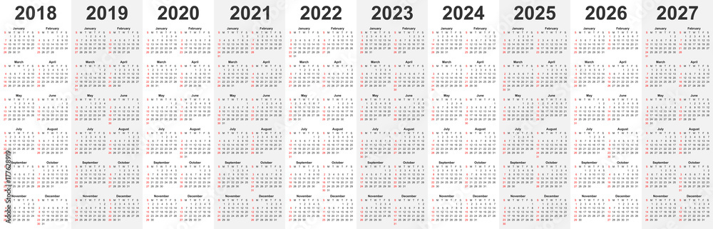 Calendar template set for 2018, 2019, 2020, 2021, 2022, 2023, 2024, 2025, 2026, and 2027 years in one vector file. - obrazy, fototapety, plakaty 