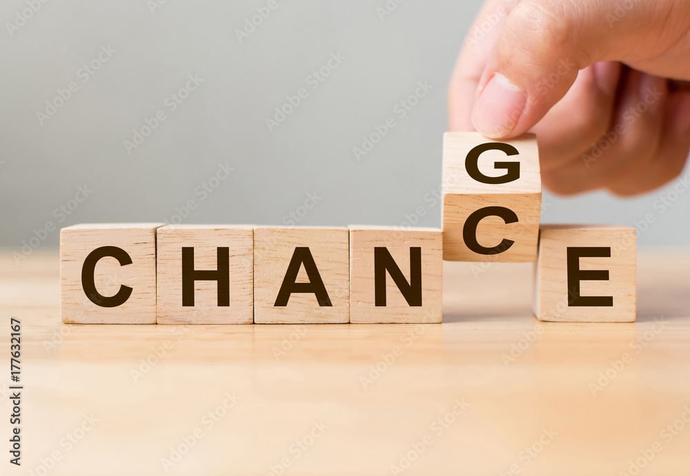 Hand flip wooden cube with word "change" to "chance", Personal development and career growth or change yourself concept - obrazy, fototapety, plakaty 