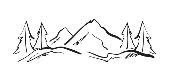 Wall Mural - vector illustration: hand drawn mountains sketch landscape with hills and pines.