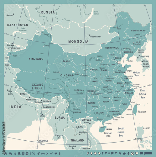 Cuadros en Lienzo China Map - Vintage Vector Illustration