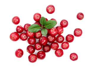Wall Mural - Cranberry with leaf isolated on white background closeup top view