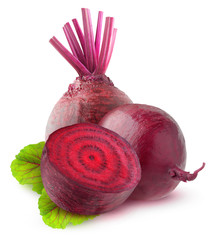 Poster - Isolated beetroot. Two raw beetroot vegetables and a half with leaves isolated on white background with clipping path