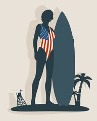 Wall Mural - woman posing with surfboard. human silhouette. vintage surfing graphic and emblem for web design or 