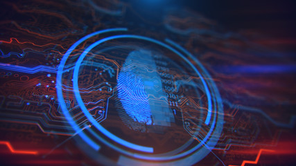 Poster - Access control. Fingerprint security. Cybersecurity and information technology. Blue, red background with digital integrated network technology. Printed circuit board. Technology background.