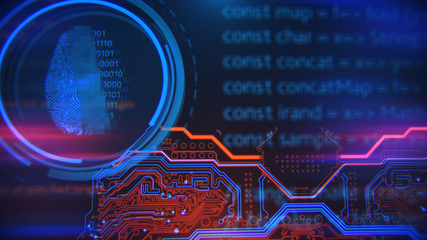 Poster - Access control. Fingerprint security. Cybersecurity and information technology. Blue, red background with digital integrated network technology. Printed circuit board. Technology background.