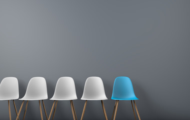 Row of chairs with one odd one out. Job opportunity. Business leadership. recruitment concept. 3D rendering