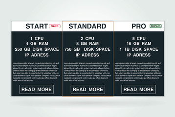 Poster - Three banners. Pricelist, hosting plans and web design boxes of banners. Banners for tariffs and price lists. Web elements. Plan the hosting. design for a web application.